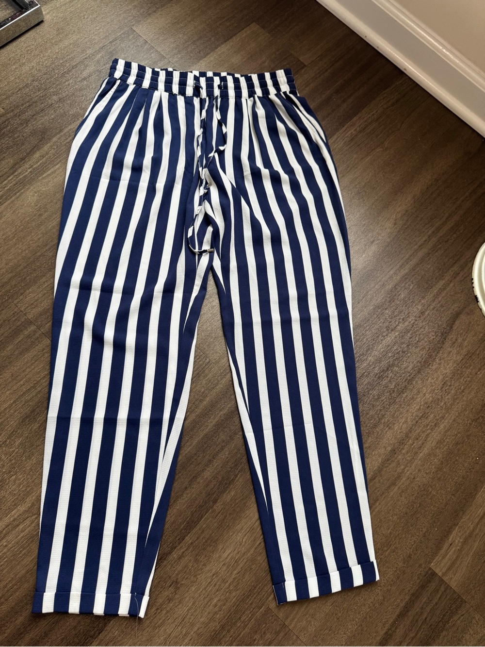 Zara Navy and White Vertical Stripe Drawstring cropped pants